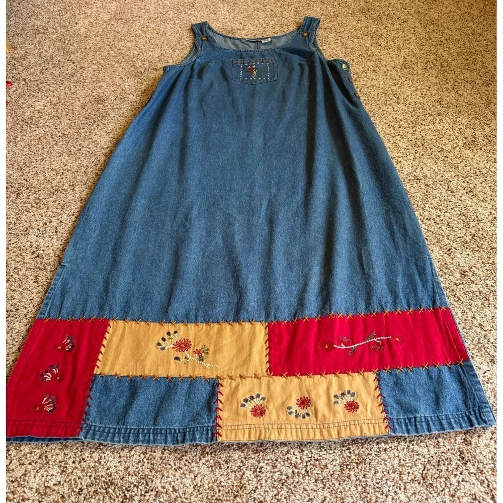 Sun River Women Jumper Dress Jacket Set PL PXL Blue Denim‎ Patchwork Floral Maxi
